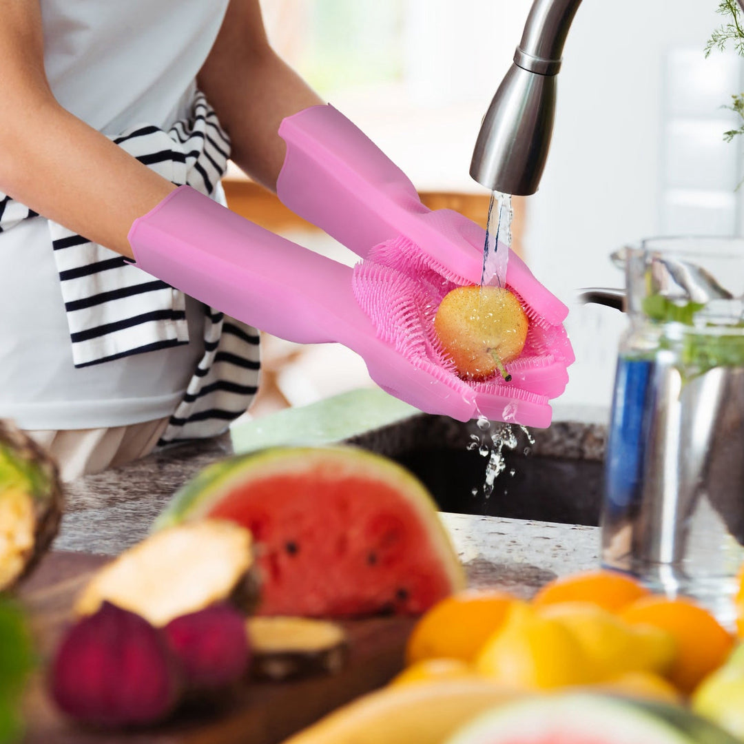 1 Pair Magic Silicone Brush Dishwashing Gloves Cleaning Sponge Pet Scrubber Heat Resistant Wash Gloves