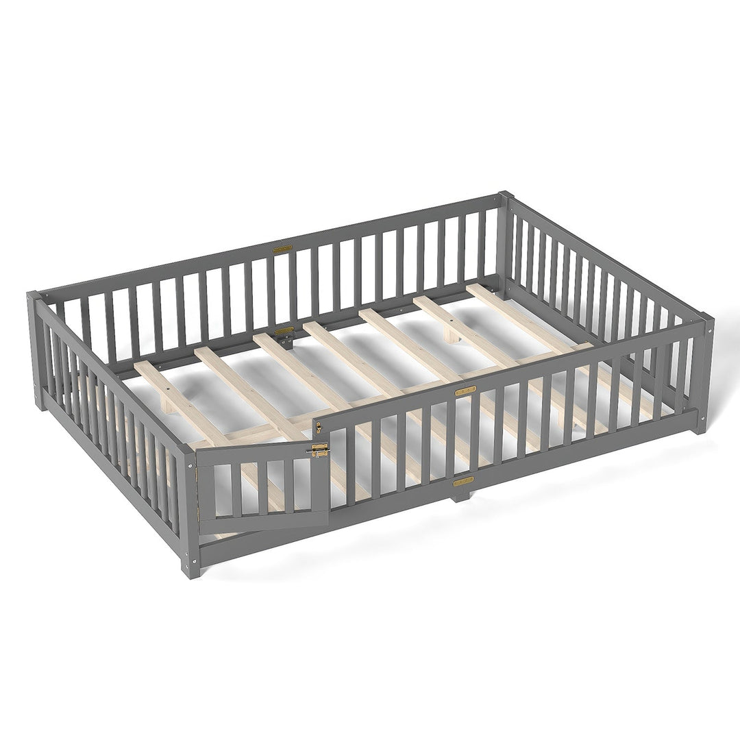 Montessori Floor Bed with Safety Guardrails and Lockable Door