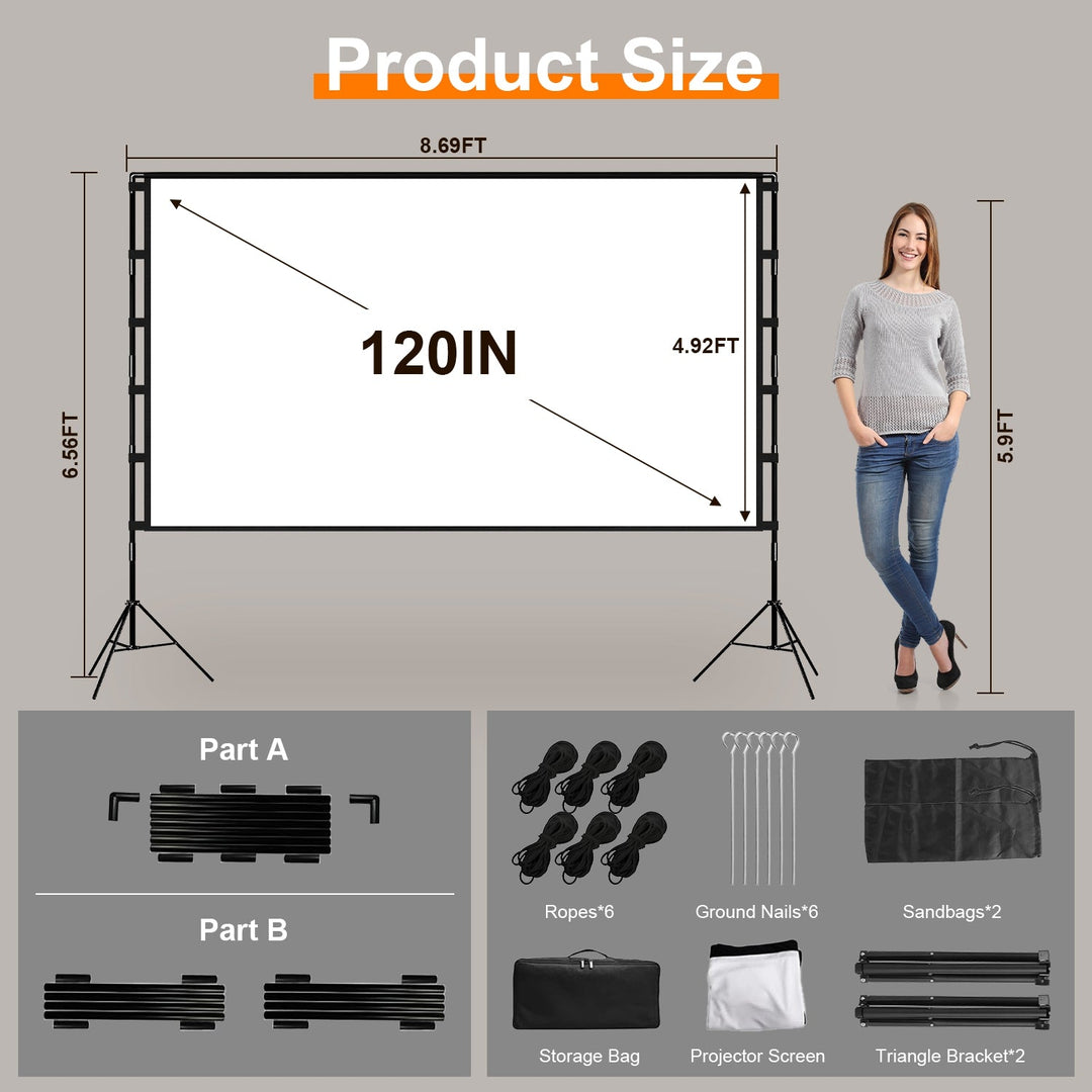 120inch Projector Screen with Stand 16:9 4K HD Rear Front Wrinkle-Free Portable And Foldable Movie Screen with Carry Bag For Indoor Outdoor Home Theat