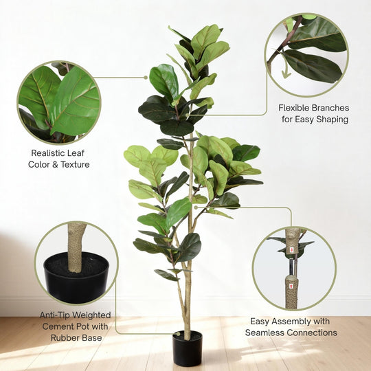 6FT Artificial Fiddle Leaf Fig Tree, Realistic Faux Fiddle Leaf Fig Plant with Fabric Leaves & Plastic Branches, Low Mai