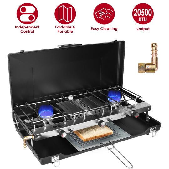 3 Burner Camping Stove 20000 BTU Portable Foldable Propane Stove With Toast Tray Windshield Portable Handle Outdoor Cooking Gas Stove For RV Camping B
