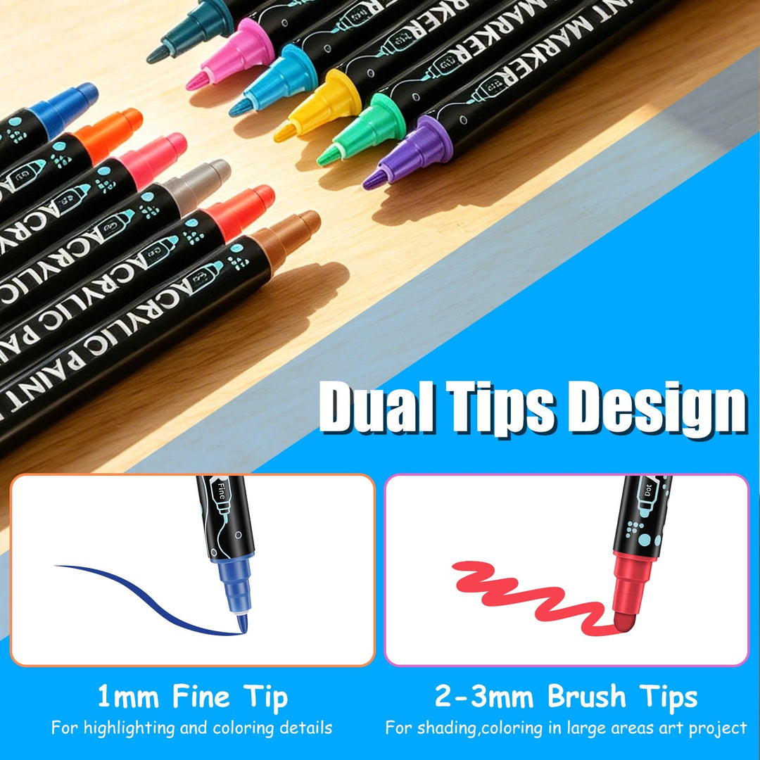Dual Tip Acrylic Paint Markers Set - Water-Based & Quick-Dry