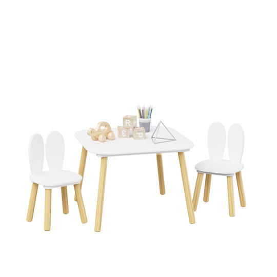 3-Piece Kids Wooden Table and Chair Set, Rabbit Ear Themed Toddler Activity Play Table with 2 Chairs, Solid Wood & MDF C