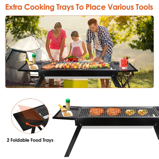 Foldable Charcoal BBQ Grill with Shelf Stainless Steel Grill Net Easy Setup Portable Tabletop Barbecue Grill for Camping Picnic Outdoor Party Backyard