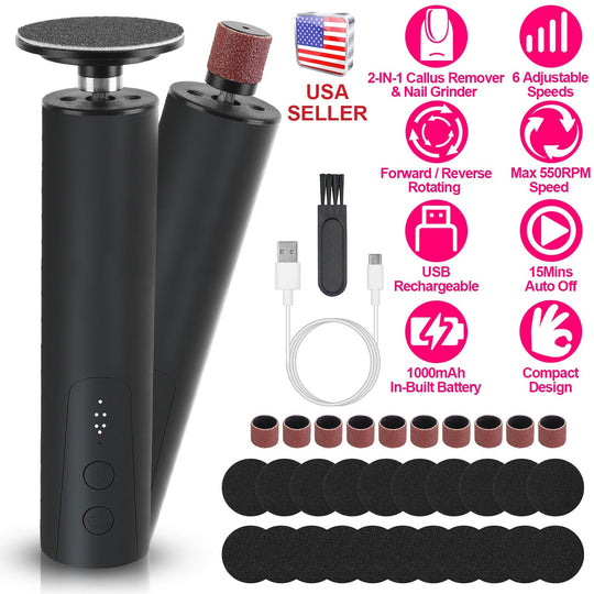 Electric Foot Callus Remover 2 in 1 Rechargeable Foot File Nail Grinder Dead Skin Pedicure Tool Machine with 2 Grinding Heads Total 30Pcs Replaceable