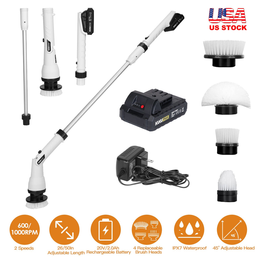 Electric Spin Scrubber Cordless Handheld Rechargeable Cleaning Brush with 4 Replaceable Heads 600/1000RPM Speeds 26/50in Length 20V/2.0Ah Battery for