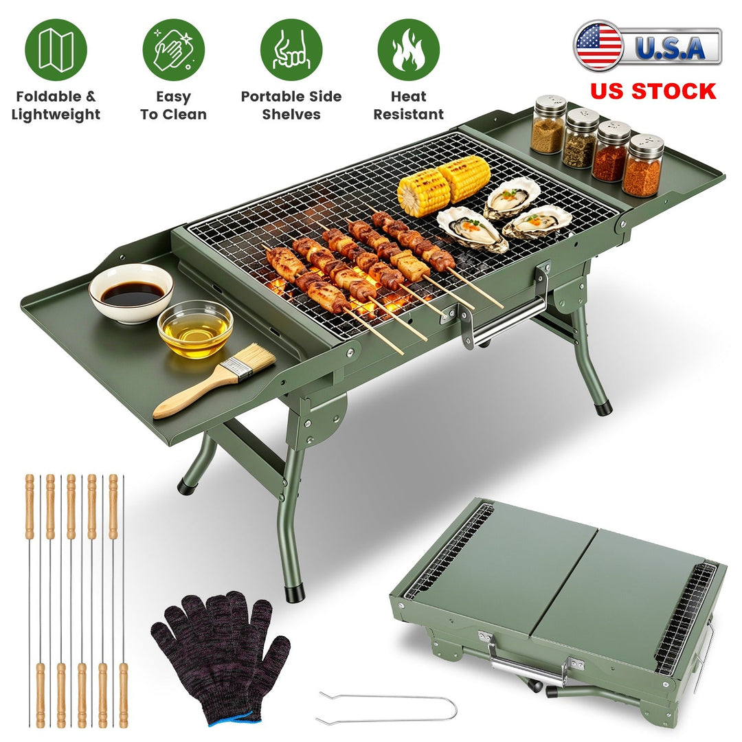 Foldable Charcoal Grill with Storage Shelf and 10 Skewers