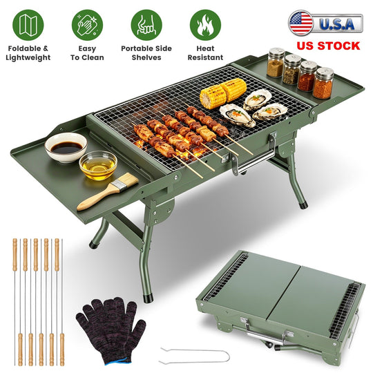 Foldable Charcoal Grill with Storage Shelf and 10 Skewers