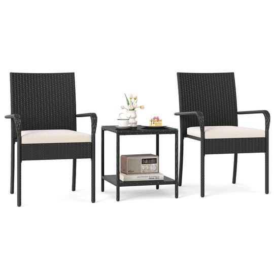 3 Piece Patio Furniture Set with Seat Cushions and Tempered Glass Tabletop