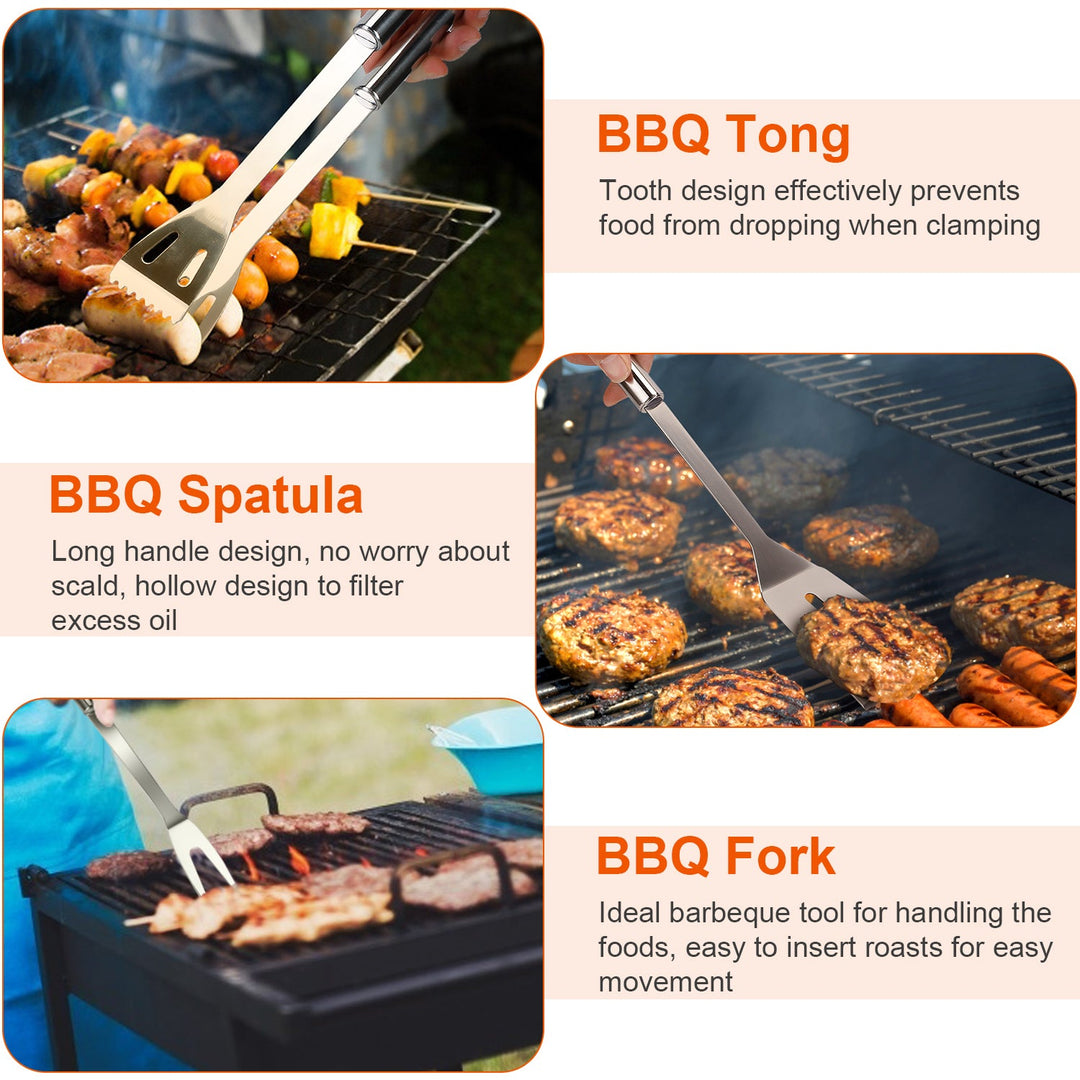 Stainless Steel BBQ Grill Tool Kit Grilling Utensil Accessories w/ Spatula Tongs Fork Knife_x000B__x000B_Brush Pepper Salt Shaker Bottle Grilled Skewers Corn Need