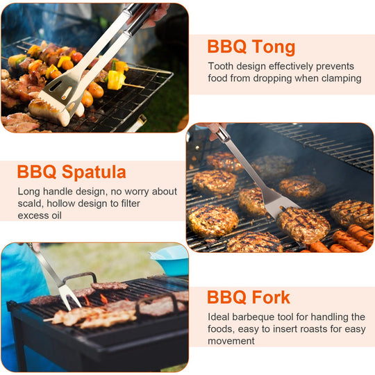 Stainless Steel BBQ Grill Tool Kit Grilling Utensil Accessories w/ Spatula Tongs Fork Knife_x000B__x000B_Brush Pepper Salt Shaker Bottle Grilled Skewers Corn Need