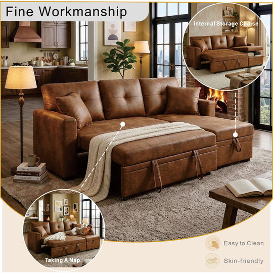 Sleeper Sofa with Pull-Out Bed, L-Shaped Sectional Couch with Reversible Chaise and Storage, Foil Fabric Upholstered Sof