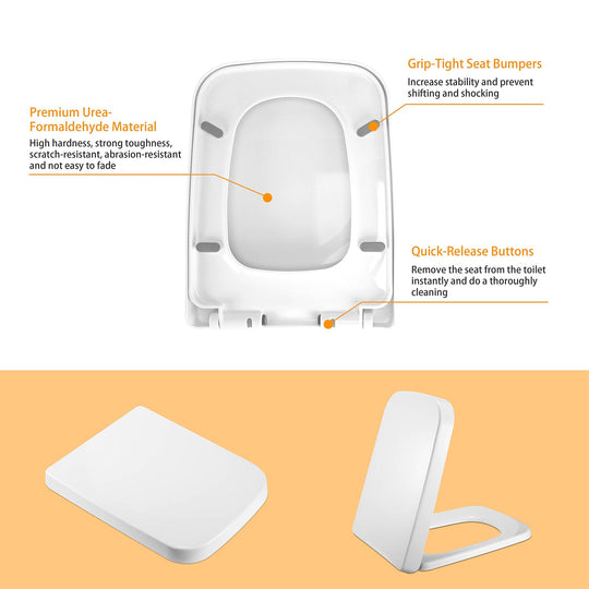 Square Toilet Seat with Grip-Tight Bumpers, Quiet-Close & Quick-Release – White