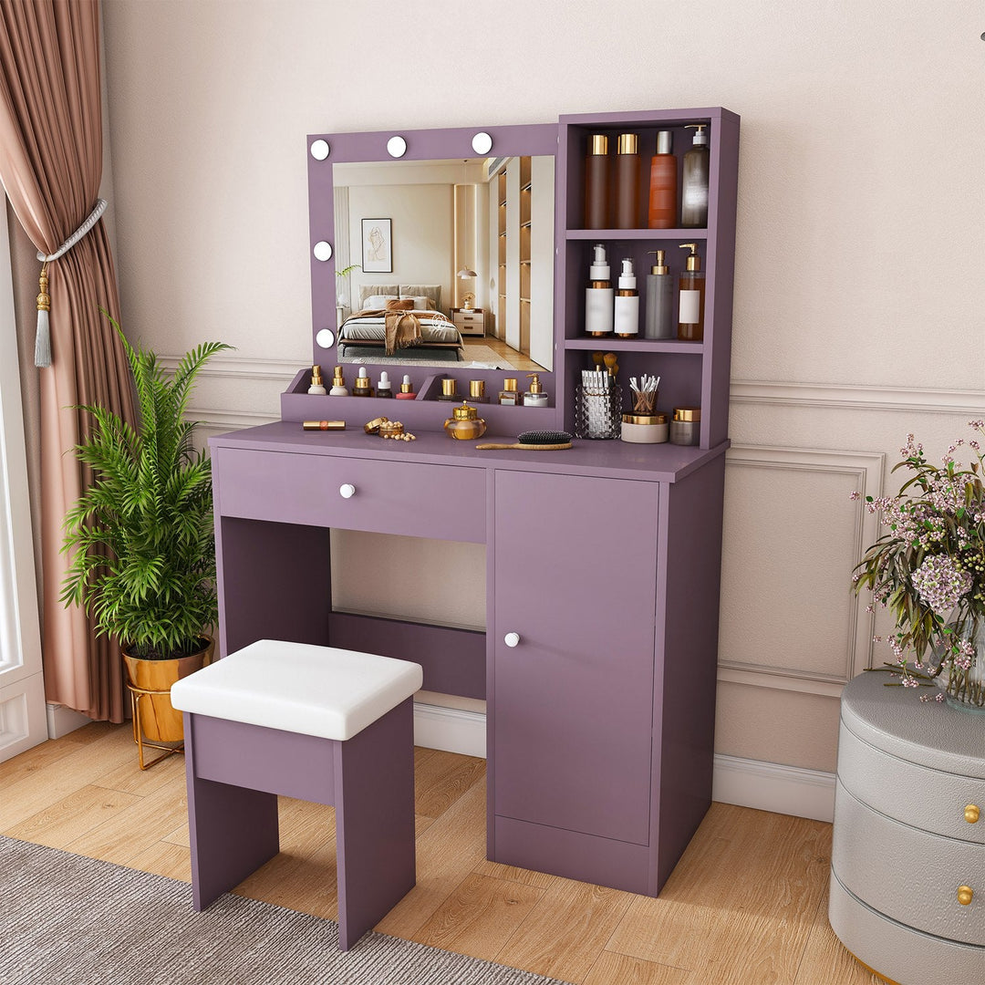 Purple Vanity Desk with Lighted Mirror & Padded Stool