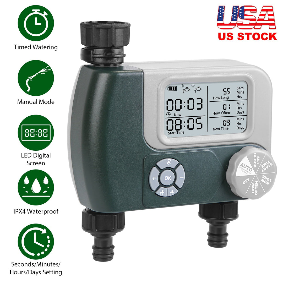 Sprinkler Timer with 2 Outlet Zones Digital Programmable Hose Faucet Timer Manual Automatic Watering Intelligent Drip Irrigation System for Garden Yar