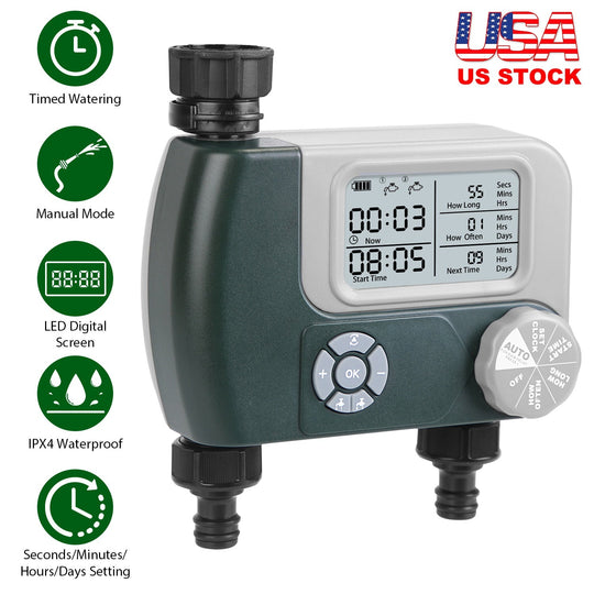 Sprinkler Timer with 2 Outlet Zones Digital Programmable Hose Faucet Timer Manual Automatic Watering Intelligent Drip Irrigation System for Garden Yar