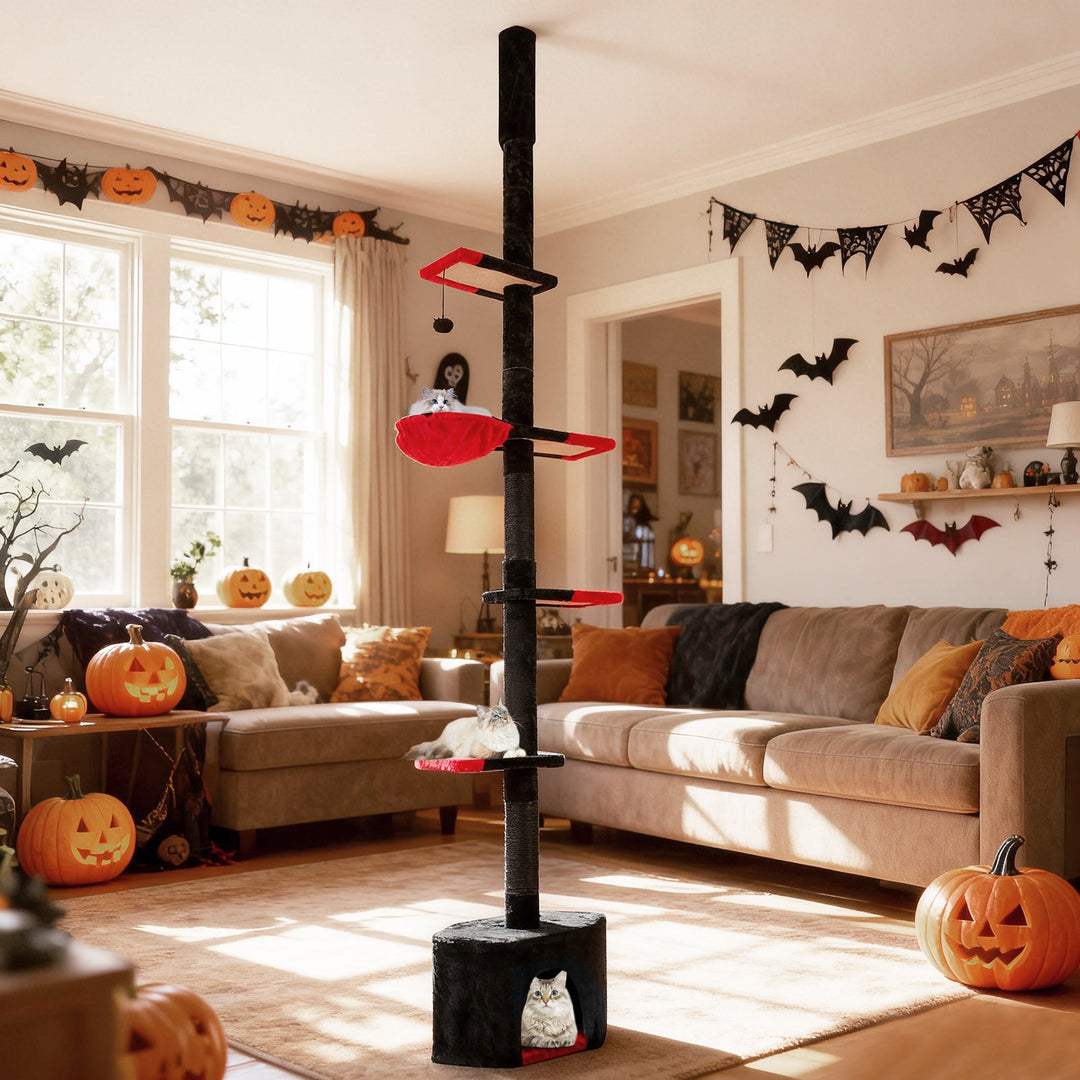 Floor to Ceiling Gothic Cat Tree 97-118 Inches Adjustable 5-Tier with Condo-Black