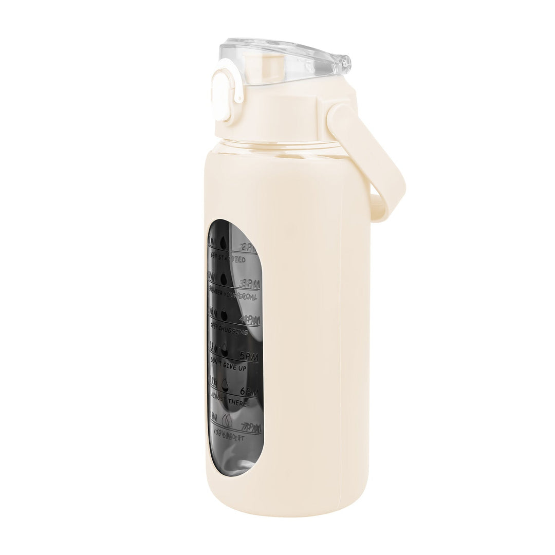 64Oz Glass Water Bottle Sports Water Bottle Motivational Water Bottle Water Intake Tracker Bottle with Straw Time Marker Silicone Sleeve Handle for Gy