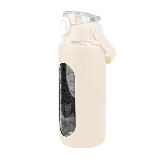 64Oz Glass Water Bottle Sports Water Bottle Motivational Water Bottle Water Intake Tracker Bottle with Straw Time Marker Silicone Sleeve Handle for Gy