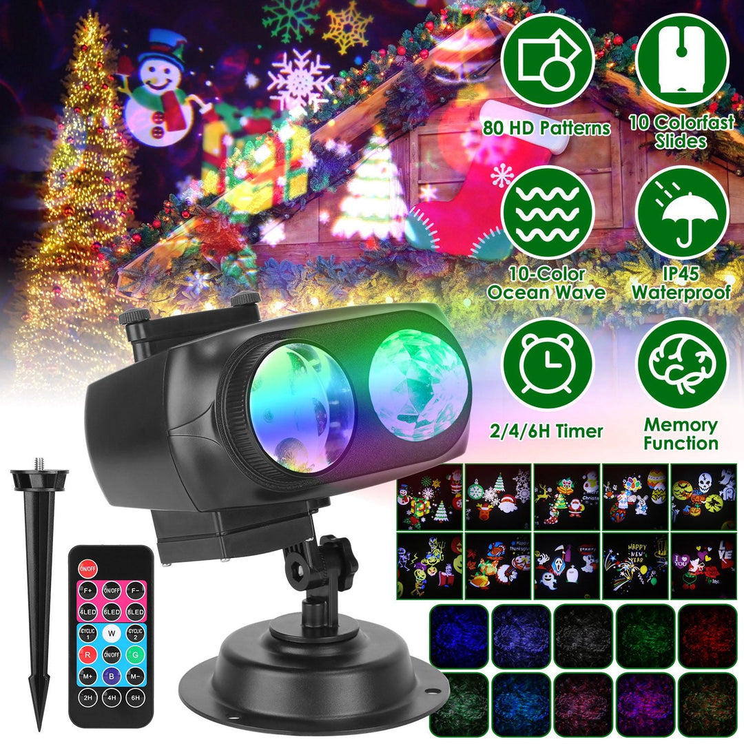 2 In 1 Holiday Projector Light Projection Lamp Indoor Outdoor with 10-Color Ocean Wave 10 HD Slides 3 Bases Remote Control for New Year Valentine\'s D