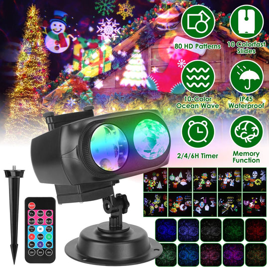 2 In 1 Holiday Projector Light Projection Lamp Indoor Outdoor with 10-Color Ocean Wave 10 HD Slides 3 Bases Remote Control for New Year Valentine\'s D