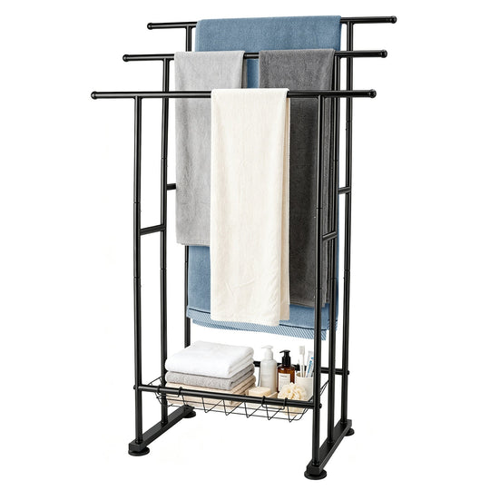 3-Tier Freestanding Towel Rack with Storage Basket - Black