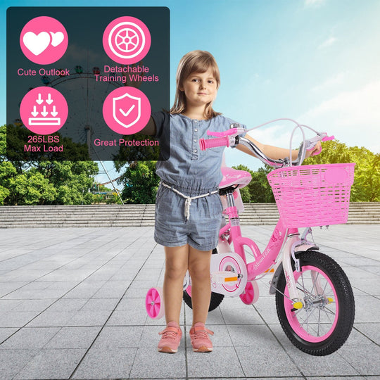 12in Carbon Steel Kid Bike with Backpack Streamers Helmet Detachable Training Wheels