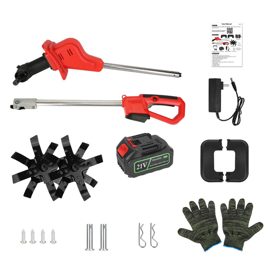 21V Electric Cordless Tiller Cultivator Powered Garden Tiller with 4 Blades 16 Steel Tines 550W 300RPM 4000mAh Battery Tilling 9-in Width & 9-in Depth