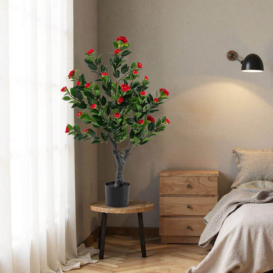 Artificial Camellia Tree Set of 2 Faux Flower Plant with 36 Red Blossom Fabric Flower-Red