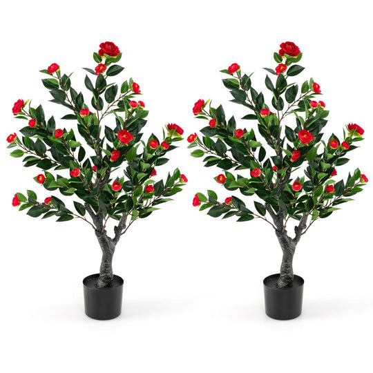 Artificial Camellia Tree Set of 2 Faux Flower Plant with 36 Red Blossom Fabric Flower-Red