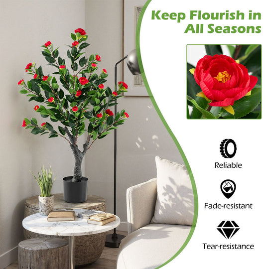 Artificial Camellia Tree Set of 2 Faux Flower Plant with 36 Red Blossom Fabric Flower-Red