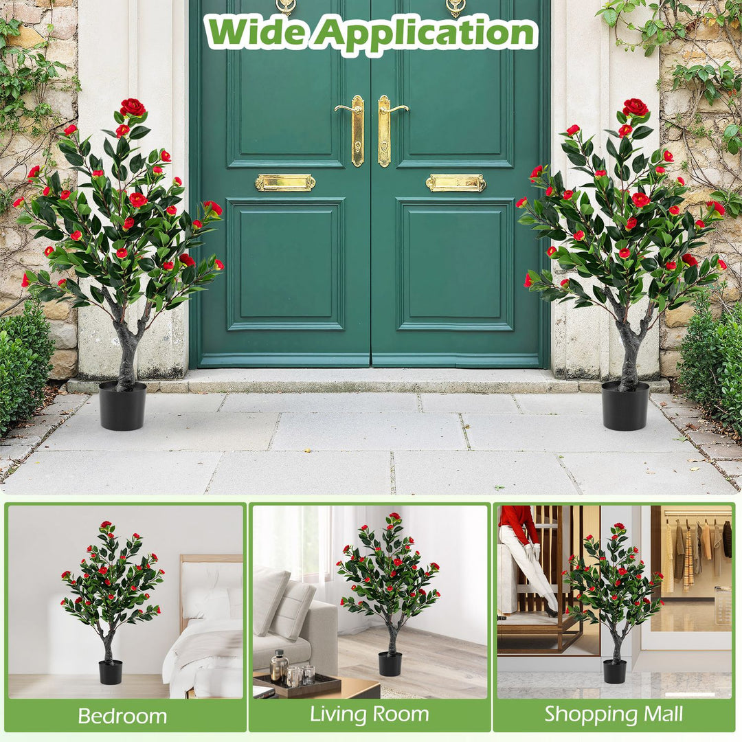 Artificial Camellia Tree Set of 2 Faux Flower Plant with 36 Red Blossom Fabric Flower-Red