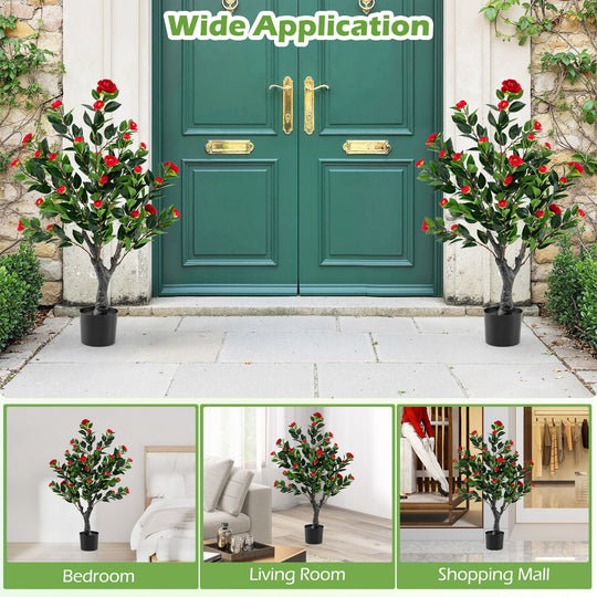 Artificial Camellia Tree Set of 2 Faux Flower Plant with 36 Red Blossom Fabric Flower-Red
