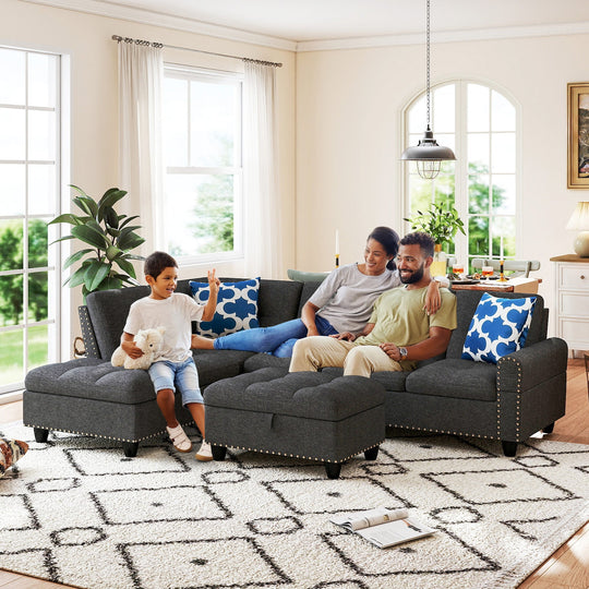 98 Inches Sectional Sofa Couch with Movable Storage Ottoman and Linen Fabric Backs