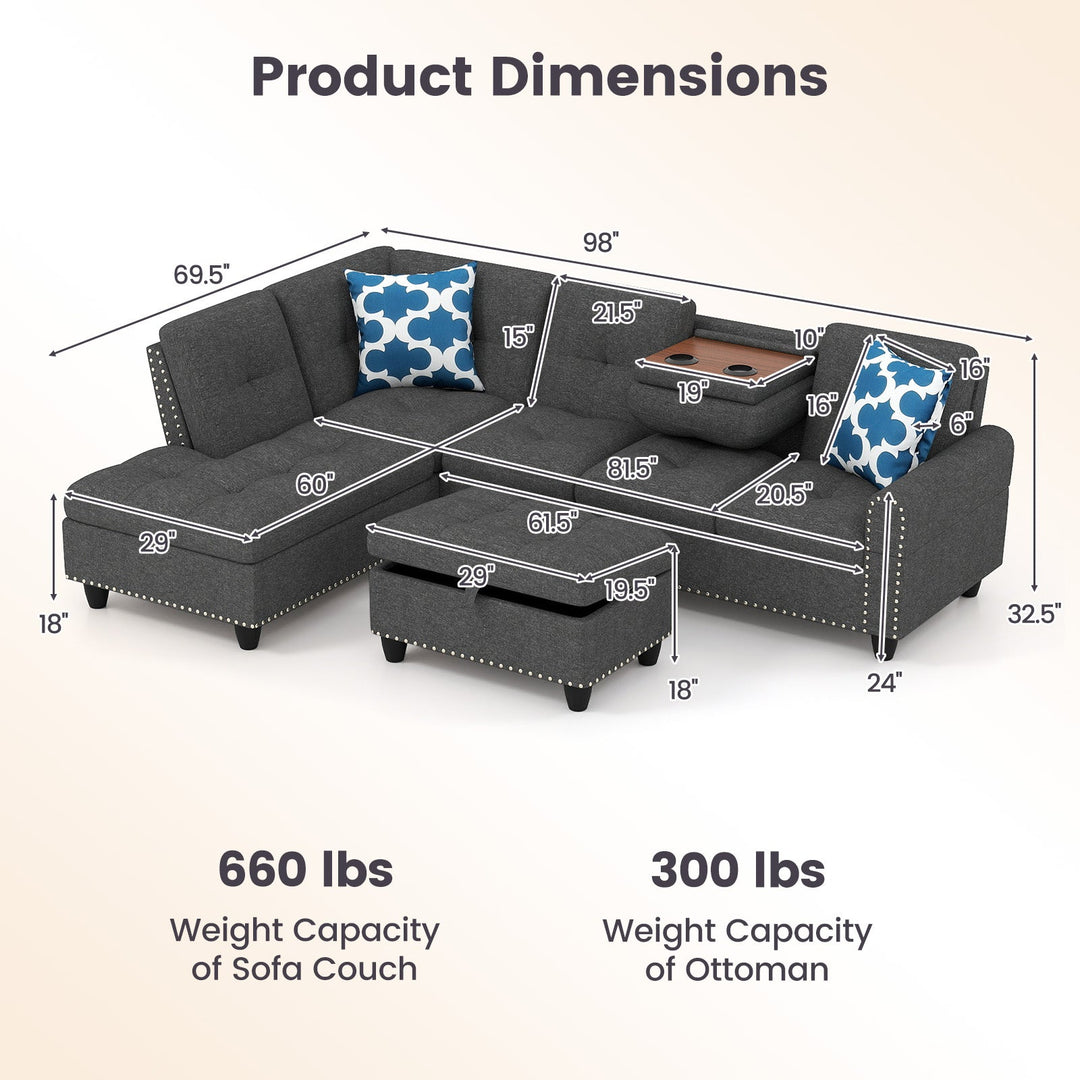 98 Inches Sectional Sofa Couch with Movable Storage Ottoman and Linen Fabric Backs