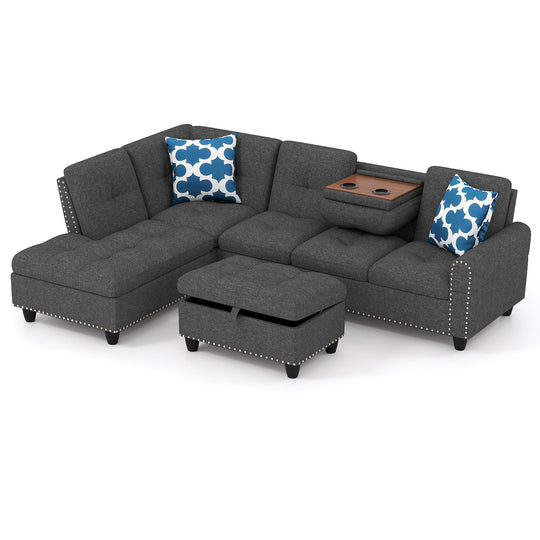 98 Inches Sectional Sofa Couch with Movable Storage Ottoman and Linen Fabric Backs