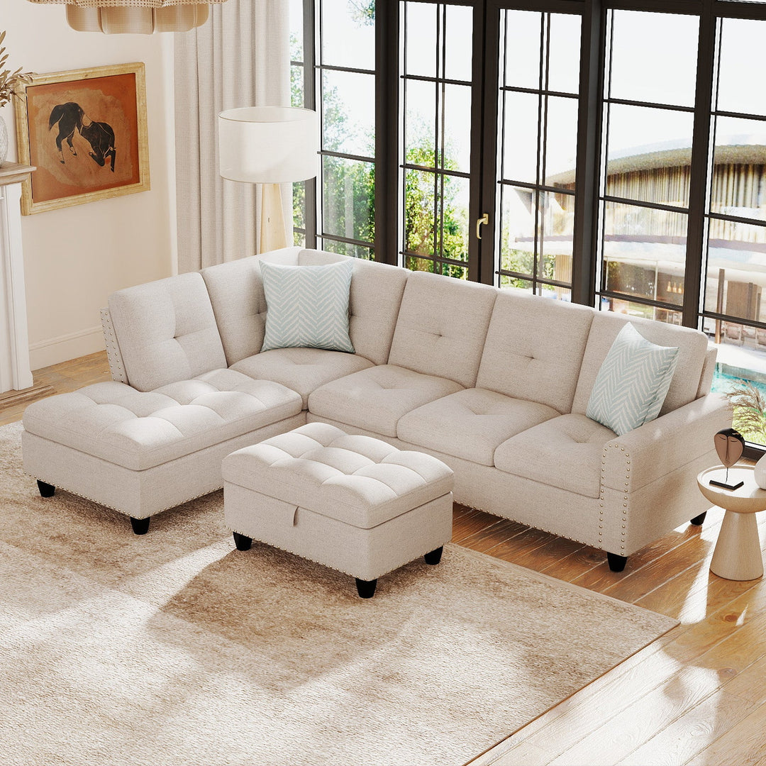 98 Inches Sectional Sofa Couch with Movable Storage Ottoman and Linen Fabric Backs