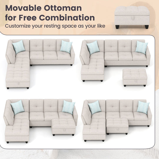 98 Inches Sectional Sofa Couch with Movable Storage Ottoman and Linen Fabric Backs