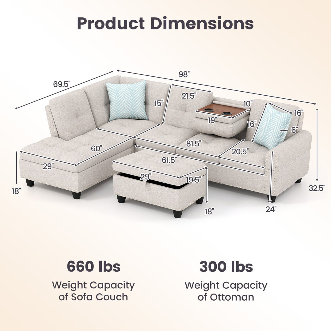 98 Inches Sectional Sofa Couch with Movable Storage Ottoman and Linen Fabric Backs