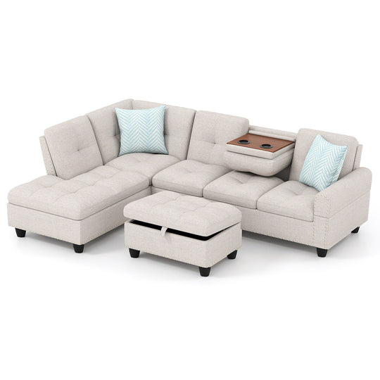 98 Inches Sectional Sofa Couch with Movable Storage Ottoman and Linen Fabric Backs