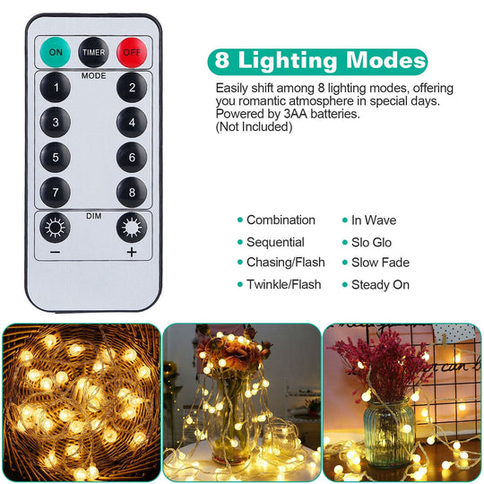 32.8Feet Globe String Lights Battery Powered Waterproof Decorative Fairy Lamp with 8 Lighting Modes Remote Control for Garden Lawn Patio
