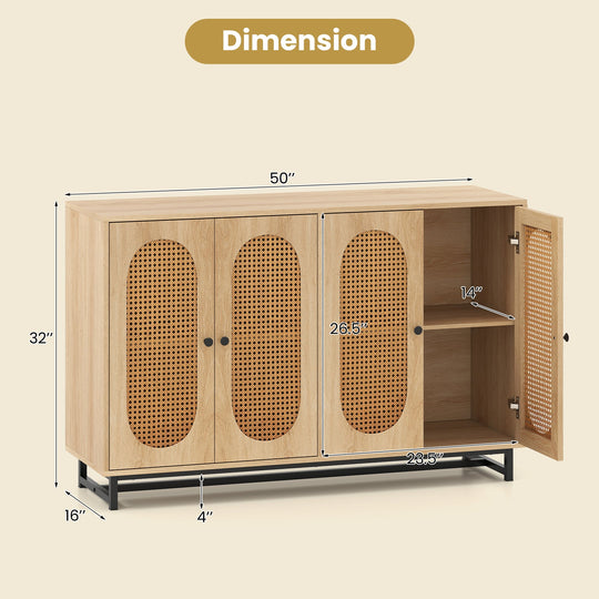 50 Inch Buffet Sideboard Cabinet with 4 Rattan Doors and Adjustable Shelves-Natural