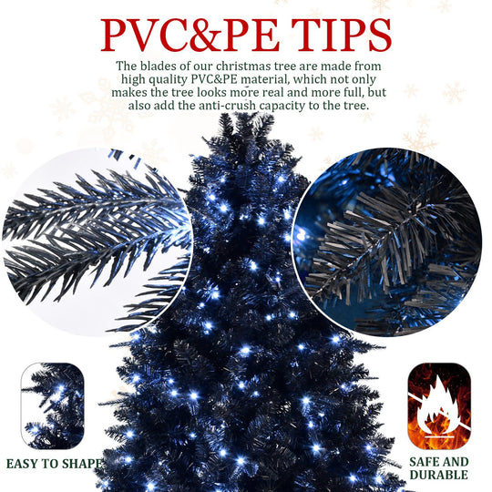 7FT Pre-Lit Black Christmas Tree with 450 White LED Lights 1916 PVC Tips Artificial Christmas Tree with Metal Stand Hing