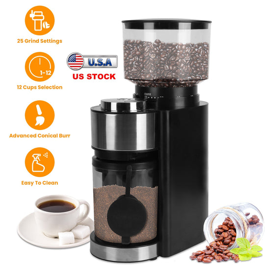 Conical Burr Coffee Grinder Electric Coffee Bean Grinder with 25 Grind Settings 12 Cups Selection for Drip/Percolator/French Press/Espresso/Cold Brew/