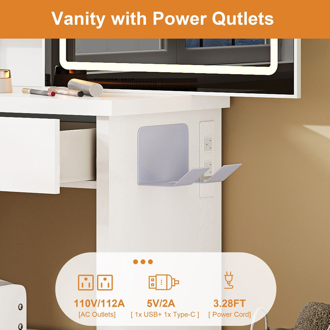 White Vanity Desk Set with LED Lighted Mirror & Padded Stool