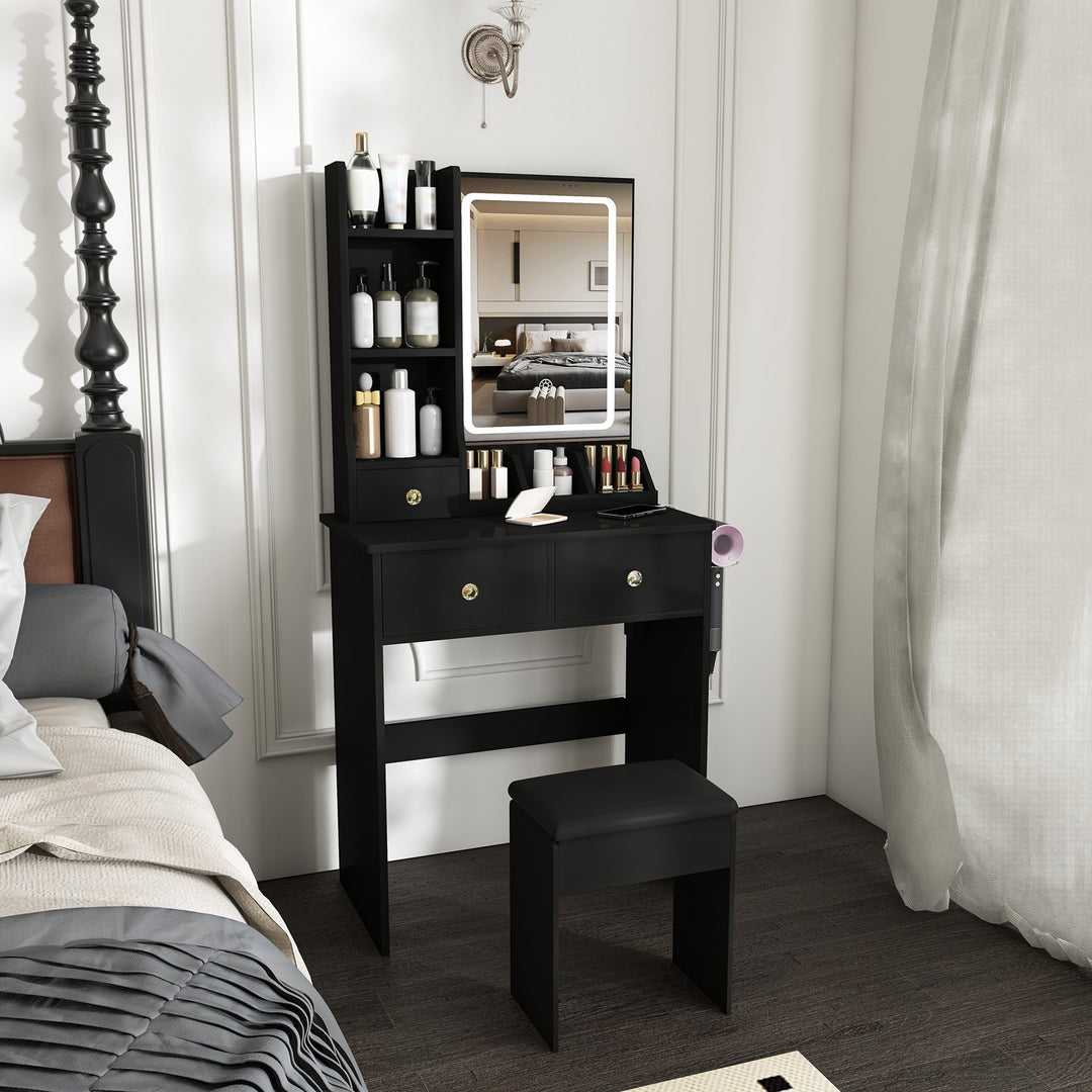 Vanity Desk Set Makeup Dressing Table with Stool, Lighted Mirror, 3 Drawers, 3 Open Shelves, 3 Open Cubbies, Power Stati