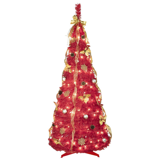 6FT Red Pre-Lit Christmas Tree with 150 LED Lights & Ornaments