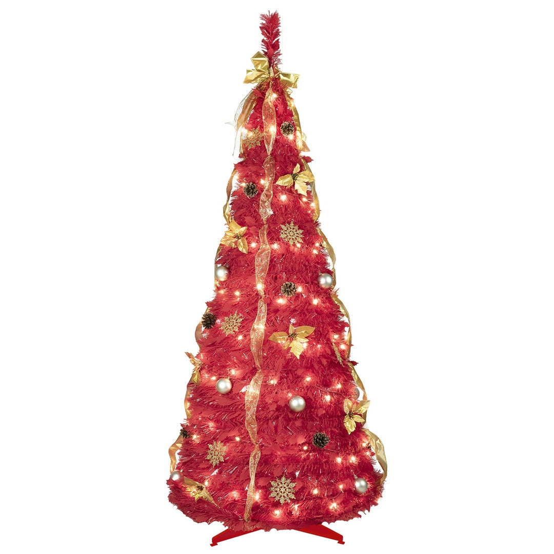 6FT Red Pre-Lit Christmas Tree with 150 LED Lights & Ornaments