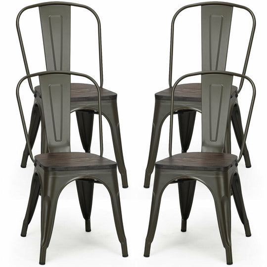 4 Pieces Tolix Style Metal Dining Side Chair Stackable Wood Seat