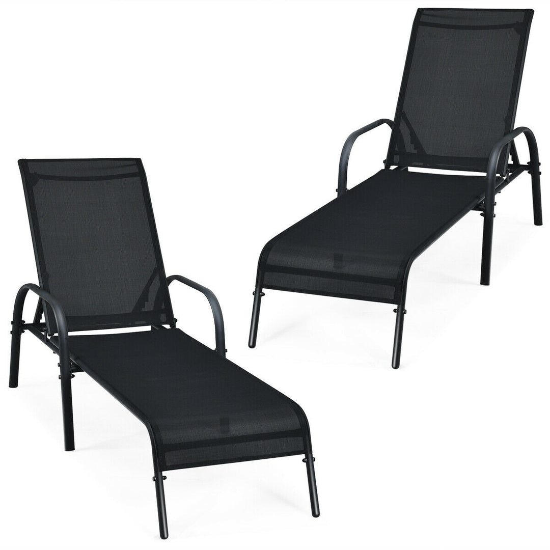 2 Pcs Outdoor Patio Lounge Chair Chaise Fabric with Adjustable Reclining Armrest-Brown